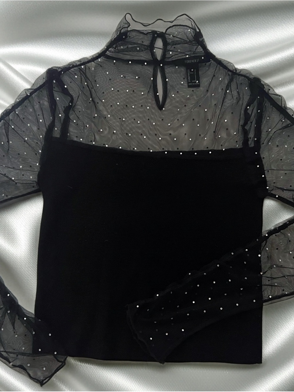 Forever 21 Black Sheer Rhinestone Mock Neck Top